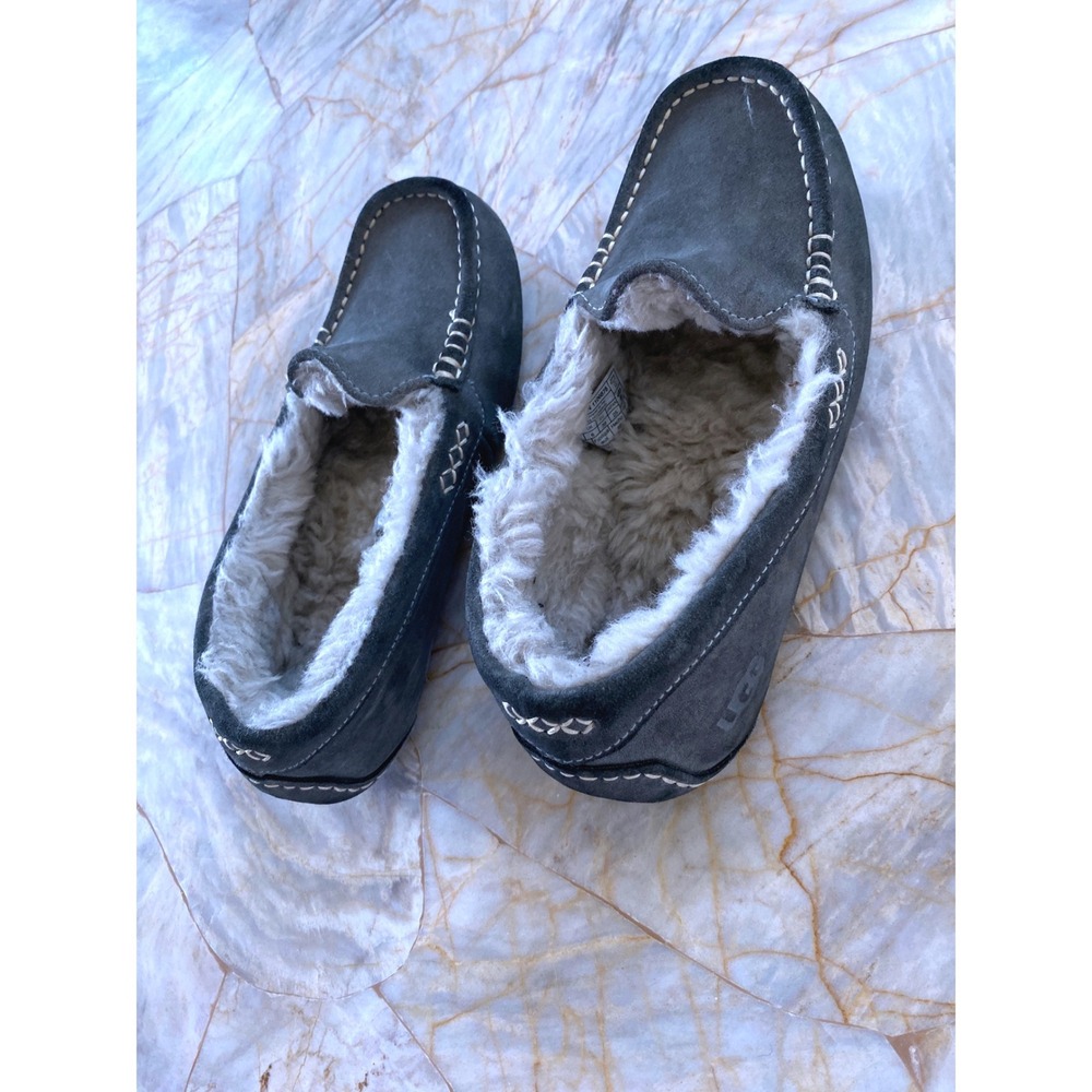 UGG Ansley Grey Suede Wool Lined Moccasin Slippers 1106878 Mens 8 Womens 9